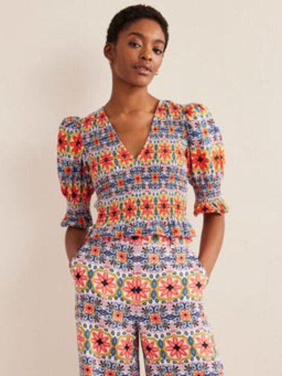 Boden Tops - Boden Smocked Bodice Crop Top Multi Tapestry Stripe Ruffle Floral Vacation US 6